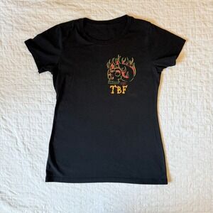 Skull Flame Graphic Print T Shirt, TBConcrete Babylon Tee, Black Top, Womens